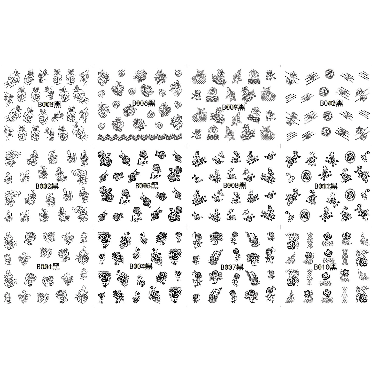 Pack de 60 water decals (B001 à B012 - NOIR) + 12 water decals surprise