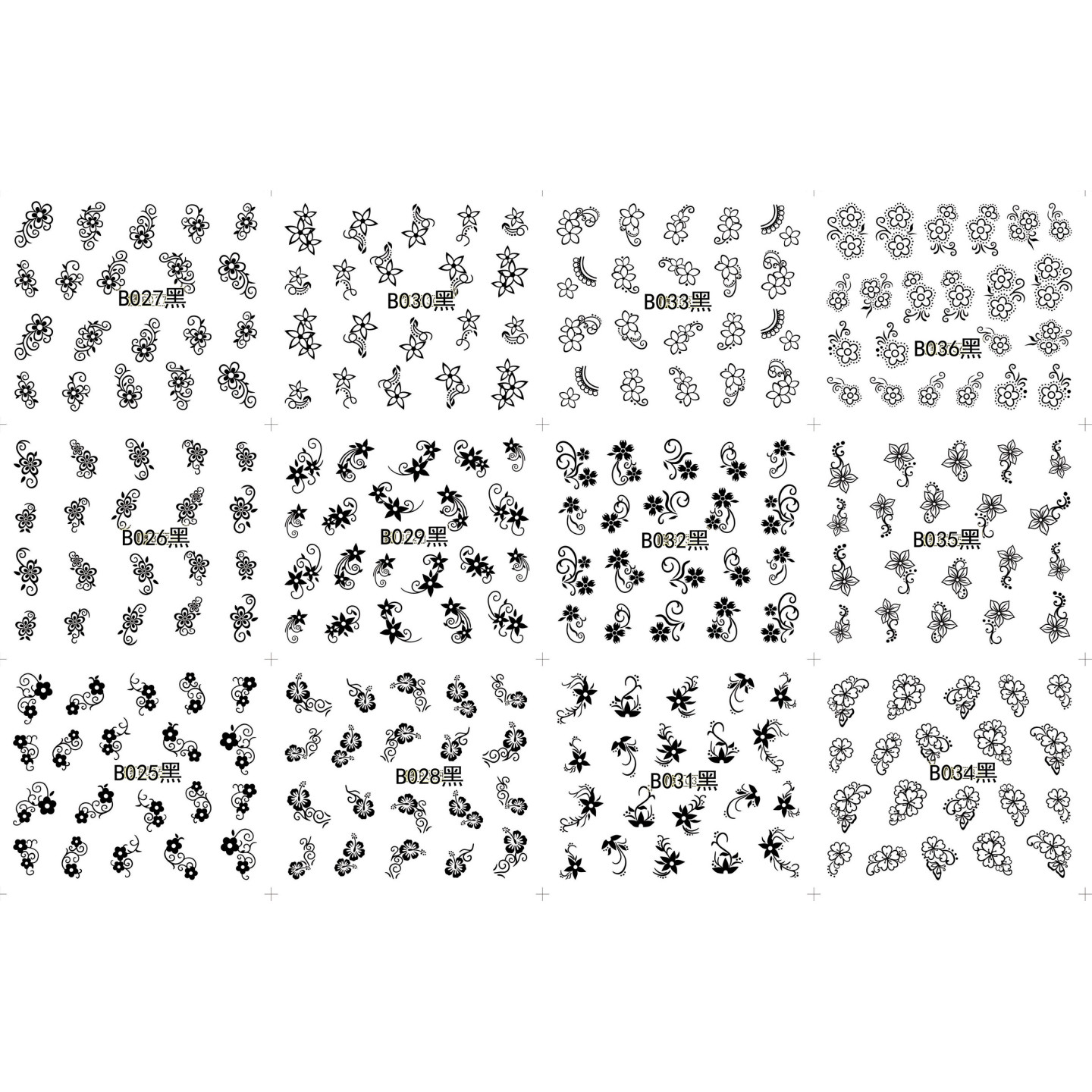 Pack de 60 water decals (B025 à B036 - NOIR) + 12 water decals surprise