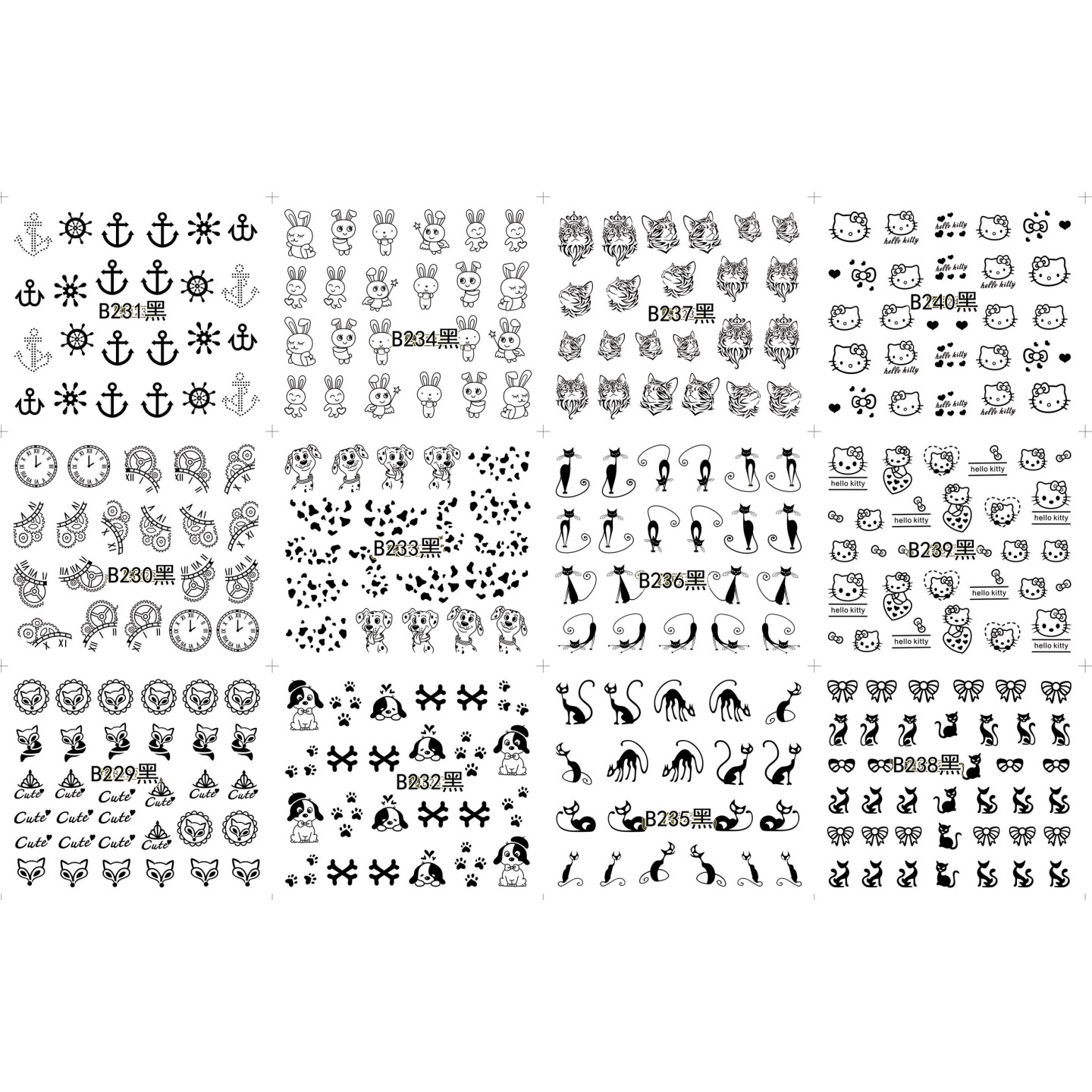 Pack de 60 water decals (B229 à B240 - NOIR) + 12 water decals surprise